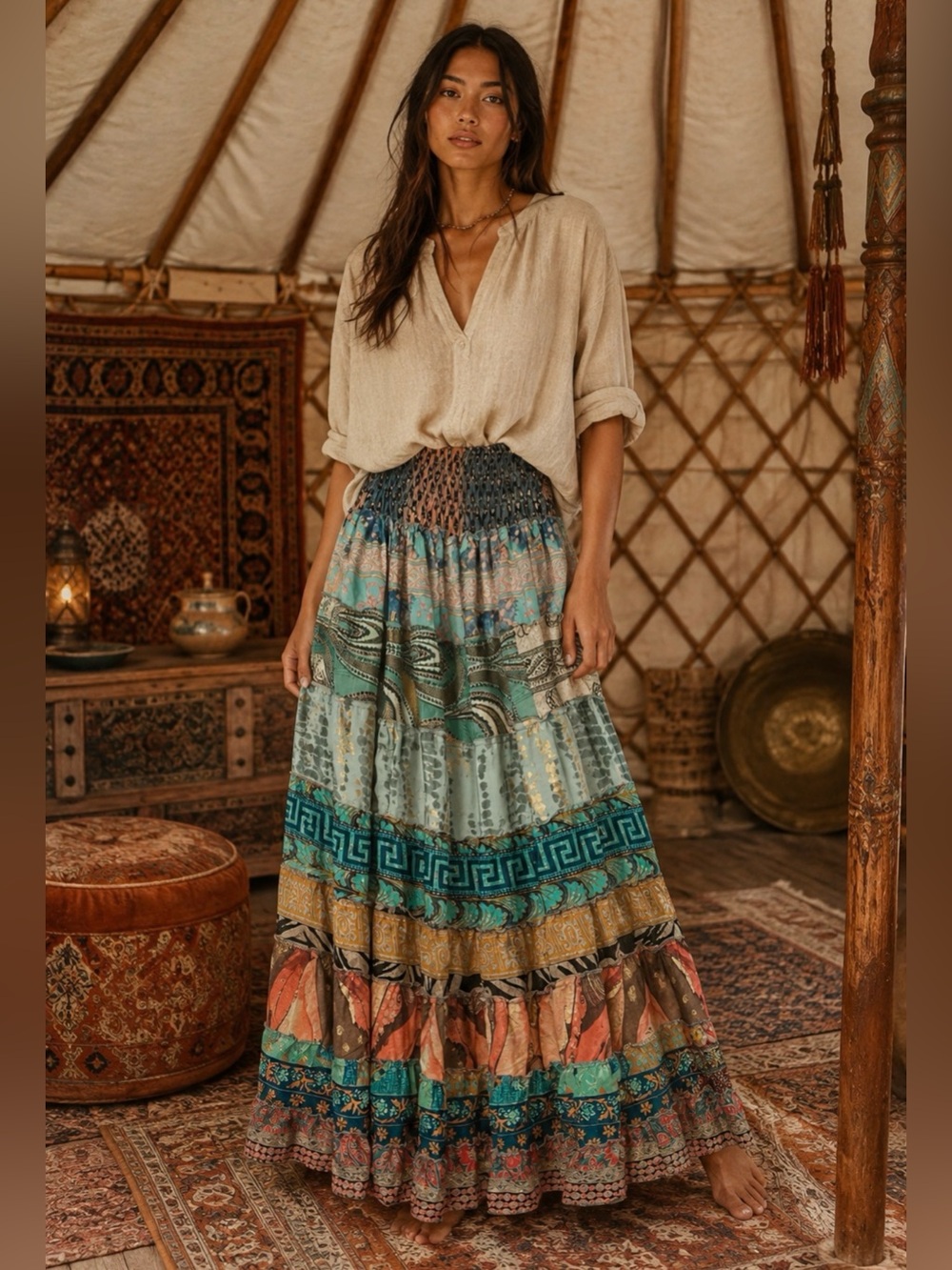 Boho Tiered Maxi Skirt in Teal Multicolor Patchwork